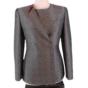 Giorgio Armani Black & White Dot Burgundy lined Silk jacket w/jewel neckline sz8